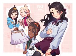  2boys 2girls ahoge alternate_hair_length_(longer) black_hair blush clenched_hand commentary_request crossdressing crossdressing_(mtf) dark-skinned_male dark_skin flying_sweatdrops frown grey_shirt hanao_nana highres holding lida_(pokemon) long_hair long_sleeves looking_down loose_hair_strand multiple_boys multiple_girls naveen_(pokemon) notice_lines open_mouth paxton_(pokemon) pokemon pokemon_legends:_z-a shirt shorts skirt sparkle sweat taunie_(pokemon) thigh-highs unworn_shorts 