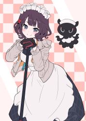  1girl absurdres apron black_dress blue_eyes blush breasts dress fate/grand_order fate_(series) gloves grey_jacket hair_bun hair_ornament hairclip harurukan highres hood hooded_jacket jacket katsushika_hokusai_(fate) katsushika_hokusai_(festival_outfit)_(fate) large_breasts long_sleeves looking_at_viewer maid_headdress mop octopus open_clothes open_jacket purple_hair short_hair smile toto-sama_(fate) white_apron 