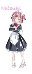  1girl alternate_costume apron back_bow black_dress bow bright_pupils character_name collared_dress commentary crossed_arms doki_doki_literature_club dress english_commentary enmaided full_body hair_intakes hair_ornament hair_ribbon highres juliet_sleeves long_sleeves looking_to_the_side maid maid_headdress natsuki_(doki_doki_literature_club) neck_ribbon pink_hair pink_shoes puffy_sleeves rachel_campbell red_ribbon ribbon shoes short_hair sidelocks simple_background socks solo standing swept_bangs two_side_up white_apron white_background white_bow white_pupils white_socks x_hair_ornament 