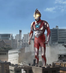  1boy alien artist_name blue_sky building city cityscape clenched_hands clouds cloudy_sky color_timer colored_skin commentary compound_eyes day debris dias_(tajima_kouki) dorsal_fin dust_cloud feet_out_of_frame giant giant_male glowing glowing_eyes highres looking_ahead male_focus multicolored_skin no_pupils outdoors pectorals red_skin silver_skin sky solo standing tokusatsu toned toned_male two-tone_skin ultra_series ultraman ultraman_(1st_series) white_eyes wrinkled_skin 