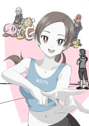  1girl 4boys :d \m/ absurdres aisuazarashi blue_tank_top breasts bright_pupils brown_eyes brown_hair captain_falcon clothes_writing collarbone colored_skin commentary_request crop_top crossed_arms crossover fire_emblem gloves hat highres king_dedede kirby kirby_(series) long_hair looking_at_viewer male_robin_(fire_emblem) midriff multiple_boys multiple_girls navel open_mouth pants pichu pokemon pokemon_(creature) ponytail short_hair smile spandex super_smash_bros. tank_top white_hair white_pupils white_skin wii_fit wii_fit_trainer_(female) 