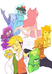  4girls 5boys 7_colored_flowers_(deltarune) absurdres animal_ears anniemie2 aqua_(deltarune) aqua_dress aqua_skin asgore_dreemurr bandana black_hair blonde_hair blue_(deltarune) blue_skin boxing_gloves capelet cat_ears cat_girl closed_eyes colored_skin commentary cowboy_hat deltarune dress english_commentary flowery_(deltarune) flowey_(undertale) green_(deltarune) hat highres mad_mew_mew mouse_(animal) multiple_boys multiple_girls orange_(deltarune) orange_bandana orange_vest pink_hair seth_(deltarune) simple_background smile tutu two-tone_vest undertale utdr_(toby_fox) vest white_background yellow_(deltarune) yellow_skin 
