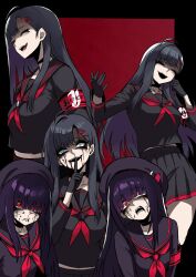  1girl 2girls black_choker black_hair blue_archive blush breasts choker commentary_request feathered_wings hair_ornament hairclip highres hime_cut ichika_(blue_archive) justice_task_force_member_(blue_archive) long_hair low_wings multiple_girls multiple_persona nagai_negi red_eyes school_uniform serafuku solo wings 