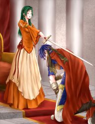  1boy 1girl aplche blue_hair canon_event closed_eyes commentary_request dress earrings elincia_ridell_crimea fire_emblem fire_emblem:_path_of_radiance green_hair headband holding holding_sword holding_weapon ike_(fire_emblem) indoors jewelry long_hair on_one_knee orange_dress short_hair sword weapon 