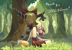  02charaice20 1girl absurdres ball_and_chain_restraint blonde_hair boots bow bowtie brown_boots brown_horns commentary day english_commentary english_text fang footwear_bow forest gourd grass hair_bow highres horn_ornament horn_ribbon horns ibuki_suika long_hair looking_at_viewer milestone_celebration nature on_ground one_eye_closed oni open_mouth outdoors pixel_art purple_skirt red_bow red_bowtie ribbon shadow sitting skin_fang skirt smile solo touhou tree under_tree very_long_hair yellow_eyes 