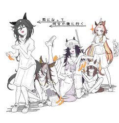  6+girls absurdres ahoge animal_ears beanie black_hair blue_eyes brown_hair character_request commentary_request dream_journey_(umamusume) fenomeno_(umamusume) gold_ship_(umamusume) gym_shirt hat highres holding holding_mop horse_ears horse_tail indonesian_boat_racing_kid_(meme) kneeling long_hair meme mop motion_lines multicolored_hair multiple_girls nakayama_festa_(umamusume) orfevre_(umamusume) partially_colored pink_eyes puff_of_air purple_hair shirt shoes short_sleeves shorts simple_background sitting sneakers sparkle standing stay_gold_(umamusume) stay_gold_clan_(umamusume) tail teardrop tknkt tracen_training_uniform translation_request umamusume very_long_hair violet_eyes white_background 