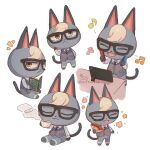  1boy :&lt; :d animal_crossing animal_ears black-framed_eyewear book cat_boy cat_ears cat_tail closed_eyes coffee_cup cup disposable_cup eating fangs furry glasses green_eyes heterochromia highres joy-con long_sleeves male_focus multiple_views musical_note nintendo_switch no_humans raymond_(animal_crossing) reading simple_background sitting smile sofra solo standing tail vest white_background yellow_eyes 