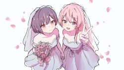  2girls bang_dream! bang_dream!_it's_mygo!!!!! bouquet bridal_veil chihaya_anon closed_mouth dress falling_petals flower grey_eyes grey_hair highres holding holding_bouquet holding_hands interlocked_fingers long_hair multiple_girls off-shoulder_dress off_shoulder open_mouth petals pink_eyes pink_flower pink_hair short_hair smile takamatsu_tomori veil very_long_hair wedding_dress white_dress wife_and_wife yanyutong64 yuri 