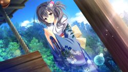  1girl :p back_bow black_eyes black_hair blue_kimono bow braid da_capo da_capo_v day dutch_angle floral_print floral_print_kimono flower_hairpin forest fur_trim furisode game_asset hair_over_shoulder half_up_braid highres japanese_clothes kimono kisaragi_yuu_(kisaragiyu) nature non-web_source obi official_art outdoors palms_together print_kimono sash shrine standing tokisaka_yukina tongue tongue_out visual_novel_cg 
