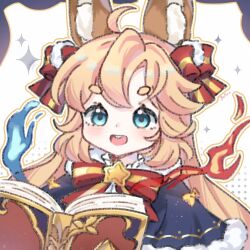  1girl animal_ear_fluff animal_ears black_capelet blonde_hair blue_eyes book bow brooch capelet commentary fire frilled_shirt_collar frills fur-trimmed_capelet fur_trim girls_x_battle girls_x_battle_2 gold_trim grimoire hair_bow halftone jewelry long_hair magic portrait red_bow round_teeth short_eyebrows sparkle squirrel_ears squirrel_girl star_brooch tareme teeth thick_eyebrows two-tone_bow upper_teeth_only valeera_(girls_x_battle) yellow_bow yetta_(yettasacc) 