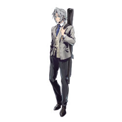 1boy absurdres aqua_eyes bag black_bag black_pants blue_necktie cardigan closed_mouth collared_shirt final_fantasy final_fantasy_vii final_fantasy_vii:_ever_crisis fujise_lisa full_body grey_cardigan grey_hair grey_jacket hair_between_eyes hand_in_pocket highres jacket male_focus necktie official_alternate_costume official_art pants parted_bangs school_uniform sephiroth sephiroth_(ever_crisis) sephiroth_(shinra_private_academy) shirt short_hair solo square_enix standing suit_jacket white_background white_shirt 