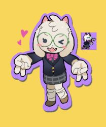  1boy blush chinese_commentary commentary_request deltarune double_v floppy_ears furry furry_male game_screenshot_inset goat_horns heart highres horns looking_at_viewer male_focus one_eye_closed open_mouth pink_horns ralsei reference_inset round_eyewear school_uniform screenshot_inset shift6_6 skirt smile utdr_(toby_fox) v white_fur yellow_background 