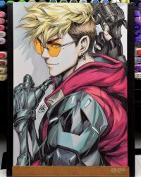  1boy 2023 art_tools_in_frame blonde_hair commentary earrings english_commentary from_side green_eyes gun handgun highres holding holding_gun holding_weapon jacket jewelry looking_at_viewer male_focus marker_(medium) mole mole_under_eye photo_(medium) pointing pointing_at_self prosthesis prosthetic_arm red_jacket revolver round_eyewear short_hair signature simple_background sleeveless sleeveless_jacket solo stanley_lau tinted_eyewear traditional_media trigun trigun_stampede upper_body vash_the_stampede weapon 