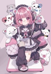  1girl absurdres animal animal_ears animal_hands apron bandaid bandaid_on_face bandaid_on_leg bandaid_on_nose bandaid_on_thigh bear bear_ears bear_girl black_dress black_leg_warmers black_shoes blunt_bangs blush closed_mouth commentary_request dress fishnet_thighhighs fishnets frilled_apron frilled_dress frills full_body gloves hair_ornament hairclip highres indie_virtual_youtuber leg_warmers long_sleeves looking_at_viewer maid_headdress necoyu_(yuyudomino) original outline parallel_hairclips paw_gloves pink_hair red_eyes seto_warabi shoes short_hair sleeves_past_fingers sleeves_past_wrists smile solo thigh-highs virtual_youtuber white_apron white_outline 
