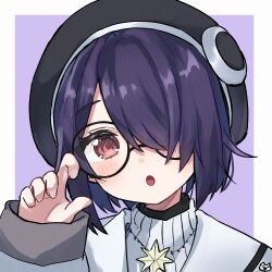  1girl :o aogiri_koukou black-framed_eyewear black_hat blush border commentary_request glasses hair_over_one_eye hand_up hat highres jacket long_sleeves looking_at_viewer necoyu_(yuyudomino) open_mouth otodama_tamako outside_border portrait purple_background purple_hair red_eyes round_eyewear short_hair simple_background sleeves_past_wrists solo sweater turtleneck turtleneck_sweater virtual_youtuber white_border white_jacket white_sweater 