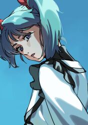  1girl absurdres aqua_background aqua_eyes aqua_hair char's_counterattack commentary_request cropped_torso from_side gundam highres looking_at_viewer medium_hair quess_paraya shirt short_twintails sidechest_atm solo twintails white_shirt 