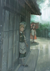  2girls absurdres apron ascot black_hat black_skirt black_vest blonde_hair bow braid brown_eyes brown_hair commentary_request detached_sleeves frilled_bow frills hair_bow hair_tubes hakurei_reimu hat highres holding holding_umbrella kirisame_marisa long_hair multiple_girls one-hour_drawing_challenge outdoors rain red_bow red_skirt red_umbrella shi_chimi side_braid single_braid skirt skirt_set touhou umbrella vest waist_apron white_apron white_bow witch_hat yellow_ascot yellow_eyes 