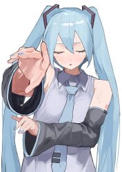  1girl aqua_hair aqua_nails black_sleeves blush closed_eyes collared_shirt commentary_request detached_sleeves grey_shirt hatsune_miku highres long_hair nail_polish number_tattoo open_mouth pocche-ex shirt shoulder_tattoo sleeveless sleeveless_shirt tattoo twintails very_long_hair vocaloid white_background 