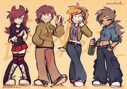  4girls :3 :o adapted_costume alcohol alternate_hair_length_(longer) antenna_hair artist_name belt black_boots black_hoodie black_nails black_thighhighs blue_belt blue_eyes blue_hoodie blue_pants boots bottle breasts brown_eyes brown_hair brown_pants can checkered_belt checkered_shoes checkered_wristband cola commentary denim drawstring drink drink_can eddsworld ell_(eddsworld) emo_fashion emocheeto english_commentary eyebrow_piercing face_piercing flipped_hair freckles green_hoodie green_jacket green_shoes hair_bobbles hair_ears hair_ornament hairband hand_in_pocket hand_up highres holding holding_bottle holding_can holding_drink holding_knife hollow_eyes hood hood_down hoodie jacket jeans knife lapels long_hair long_sleeves looking_at_viewer low_ponytail matilda_(eddsworld) medium_breasts midriff multiple_girls navel_piercing official_alternate_costume open_clothes open_jacket orange_hair pants piercing pleated_skirt ponytail purple_hairband purple_hoodie purple_shoes red_skirt red_thighhighs shoes short_hair skirt smile sneakers striped_clothes striped_thighhighs swept_bangs tamara_(eddsworld) thick_lineart thigh-highs toon_(style) tori_(eddsworld) wristband zettai_ryouiki 
