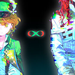  1boy 1girl aleph_(reverse:1999) black_background black_mask brown_hair cape chinese_commentary commentary_request covered_face dongfang_shuyechu glitch green_cape green_eyes green_hat hat highres infinity_symbol long_hair mask mole mole_under_eye newsboy_cap out_of_frame recoleta_(reverse:1999) red_hair reverse:1999 shirt short_hair split_crop upper_body white_shirt 