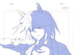  1girl animal_ears clenched_hand coat collared_shirt color_trace commentary ear_covers feather_hair_ornament feathers gloves grin guyexe241227 hair_between_eyes hair_ornament hand_up highres horse_ears horse_girl looking_at_viewer medium_hair multicolored_hair portrait shirt signature smile solo stay_gold_(sunlit_outsider)_(umamusume) stay_gold_(umamusume) streaked_hair trim_marks umamusume untranslatable_commentary wrist_belt 