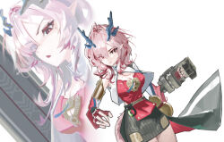  arknights arknights:_endfield black_skirt blue_horns closed_mouth cropped_jacket fingerless_gloves gloves horns jacket looking_at_viewer mi_fu_(arknights) mole mole_under_eye pink_hair pink_tail pointy_ears red_gloves red_shirt shirt skirt solo uemj3854 white_jacket 