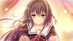  1girl black_eyes black_hair black_jacket braid buttons capelet closed_mouth crying da_capo da_capo_v double-breasted emblem evening game_asset hair_intakes half-closed_eyes highres jacket kisaragi_yuu_(kisaragiyu) long_sleeves necktie non-web_source official_art outstretched_arms pov reaching reaching_towards_viewer red_necktie road sailor_collar side_braid sleeve_cuffs standing street teardrop tokisaka_yukina visual_novel_cg white_sailor_collar 