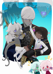  4boys 6+boys aged_down aqua_hair arjuna_(fate) arjuna_alter_(fate) black_gloves blue_eyes blush boy_vajra_(fate) brown_eyes brown_hair carrying chibi closed_mouth coat colored_skin commentary_request daeraeband dark-skinned_male dark_skin dragon_horns facial_mark fate/grand_order fate_(series) father_and_child father_and_son flower girl_vajra_(fate) gloves glowing_tongue green_eyes grey_hair grey_skin hair_over_one_eye highres horns indra_(fate) jacket lightning_bolt_facial_mark lightning_bolt_symbol long_hair looking_at_another male_focus multiple_boys nail_polish one_eye_closed open_mouth parent_and_child pink_hair red_eyes sharp_teeth short_hair smile tail teeth violet_eyes white_gloves white_hair white_jacket 