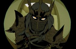  1other ambiguous_gender armor backrooms_(creepypasta) blood breastplate ceiling_light covered_mouth final_fantasy final_fantasy_xiv fisheye fray_myste full_armor helm helmet indoors liminal_space looking_at_viewer other_focus pauldrons shad0w1nlight shoulder_armor solo standing yellow_eyes 