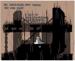  architecture border brown_sky canary_(jejejunum) creature creature_focus english_text grass hug jejejunum mother_and_child no_humans original parent_and_child rain rain_world sad sky slugcat symbiont_(jejejunum) white_border 