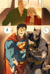  1girl 3boys absurdres bat_mask batman batman_symbol belt blue_bodysuit bodysuit cape chamsut0905 clark_kent commentary couple dc_comics father_and_child father_and_son grey_bodysuit highres husband_and_wife jonathan_kent_sr. martha_kent mother_and_child mother_and_son multicolored_suit multiple_boys parent_and_child red_cape superhero_costume superman superman_(series) superman_logo two-tone_suit untranslatable_commentary utility_belt 