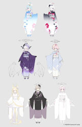  6+girls absurdres arona_(blue_archive) black_horns black_kimono blonde_hair blue_archive blue_eyes blue_hair blue_halo chinese_commentary colored_inner_hair commentary_request company_name copyright_notice demon_girl demon_horns demon_wings floral_print floral_print_kimono flower full_body grey_background grey_hair hair_flower hair_ornament hair_over_one_eye halo heterochromia highres hina_(blue_archive) horns hoshino_(blue_archive) japanese_clothes kimono long_hair low_wings mika_(blue_archive) multicolored_hair multiple_girls nagisa_(blue_archive) official_art phase_inversion pink_hair plana_(blue_archive) print_kimono purple_kimono red_halo reference_sheet sandals seia_(blue_archive) simple_background tabi violet_eyes white_hair white_kimono wide_sleeves wings yellow_eyes zouri 