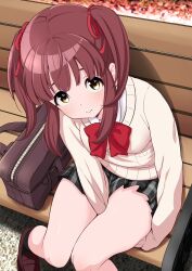  1girl bag black_skirt black_socks bow bowtie breasts brown_eyes brown_hair closed_mouth commentary_request dot_nose from_above hair_ribbon hands_under_legs highres hogey_nk-2000 idolmaster idolmaster_cinderella_girls knees_together_feet_apart loafers long_hair long_sleeves looking_at_viewer looking_up miniskirt ogata_chieri on_bench outdoors plaid_clothes plaid_skirt pleated_skirt red_bow red_bowtie red_ribbon ribbon school_bag school_uniform shirt shoes short_hair sidelocks sitting skirt sleeves_past_fingers sleeves_past_wrists small_breasts socks solo sweater twintails upturned_eyes white_shirt yellow_sweater 