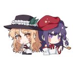  2girls bare_shoulders black_headwear black_vest blonde_hair blush bow bowtie cabbie_hat chibi closed_mouth collared_shirt commentary_request cross flat_cap frilled_hat frills hat hat_feather hat_ornament hitte5416 holding holding_cross holding_smoking_pipe jacket_girl_(dipp) label_girl_(dipp) long_sleeves mandarin_collar multiple_girls purple_hair red_bow red_bowtie shirt side_ponytail simple_background smile smoking_pipe star_(symbol) star_hat_ornament touhou vest violet_eyes white_background white_bow white_shirt white_sleeves white_vest wide_sleeves yellow_eyes 