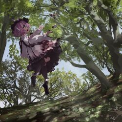  1girl animal_ears bird bird_ears bird_wings brown_dress brown_eyes brown_hat brown_pantyhose brown_shoes commentary_request commission day dress fingernails flying forest full_body hat highres long_fingernails long_sleeves medium_hair mystia_lorelei nature open_mouth outdoors pantyhose pinafore_dress pink_hair sharp_fingernails shirt shoes skeb_commission sleeveless sleeveless_dress smile solo sparrow touhou ushitsuchi white_shirt winged_hat winged_shoes wings 
