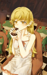  1girl absurdres blonde_hair chair checkered_floor commentary doughnut dress eating ewg7k3eutb99502 food frog highres holding holding_food loli long_hair looking_at_viewer monogatari_(series) oshino_shinobu pink_dress pointy_ears sitting stuffed_animal stuffed_frog stuffed_toy vampire yellow_eyes 