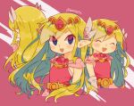  1girl artist_name back belt blonde_hair blue_eyes blush dress floating_hair gloves highres jewelry long_hair looking_at_viewer multicolored_hair multiple_persona necklace pink_dress princess_zelda the_legend_of_zelda the_legend_of_zelda:_spirit_tracks the_legend_of_zelda:_the_wind_waker tiara tokuura 