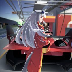  1girl animal_ears blunt_bangs bodysuit bow car commentary ear_bow english_commentary floatingpri from_behind gold_ship_(umamusume) grey_hair helmet highres holding holding_unworn_helmet horse_ears horse_girl horse_tail long_hair motor_vehicle outdoors parted_lips race_vehicle racecar racing_suit red_bodysuit smile solo tail tail_through_clothes umamusume unworn_headwear unworn_helmet violet_eyes 