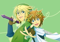  2boys blonde_hair blue_eyes brown_hair commentary_request fingerless_gloves gloves green_background green_hat green_outline hat holding holding_sword holding_weapon kid_icarus laurel_crown link looking_at_viewer male_focus master_sword midori12fawn multiple_boys outline pit_(kid_icarus) pointy_ears smile super_smash_bros. sword the_legend_of_zelda weapon 