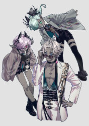  1boy 2boys 2girls absurdres adjusting_eyewear aqua_eyes aqua_hair black_boots black_horns black_nails black_shirt black_shorts black_thighhighs blue_eyes blue_hair book boots bow boy_vajra_(celebratory_attire)_(fate) boy_vajra_(fate) choker closed_mouth coat collared_shirt colored_skin commentary_request dark-skinned_female dark-skinned_male dark_skin demon_horns earrings fate/grand_order fate_(series) girl_vajra_(celebratory_attire)_(fate) girl_vajra_(fate) glasses green_eyes grey_background grey_hair grey_jacket grey_skin grin hair_bow hair_over_one_eye hair_ribbon hand_on_own_hip highres holding holding_book horns indra_(celebratory_attire)_(fate) indra_(fate) jacket jewelry long_hair long_sleeves looking_at_viewer multiple_boys multiple_girls necktie one_eye_covered open_clothes open_jacket pants pectoral_cleavage pectorals pink_eyes pink_hair ponytail purple_hair red_eyes ribbon round_eyewear sharp_teeth shima222nd shirt shoes short_hair short_shorts shorts simple_background smile suit sunglasses teeth thigh-highs tinted_eyewear violet_eyes white_background white_coat white_hair white_jacket white_pants 