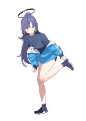  1girl absurdres adjusting_clothes adjusting_shoe bare_legs blue_archive blue_buruma blue_eyes blue_hair blue_jacket blue_shirt breasts buruma chinese_commentary commentary_request full_body gym_shirt gym_uniform halo highres jacket jacket_partially_removed lanyard leaning_forward leg_up long_hair m_magari mechanical_halo medium_breasts millennium_science_school_logo off_shoulder official_alternate_costume partially_unzipped shirt simple_background solo standing standing_on_one_leg star_(symbol) star_sticker sticker sticker_on_face track_jacket white_background yuuka_(blue_archive) yuuka_(track)_(blue_archive) 