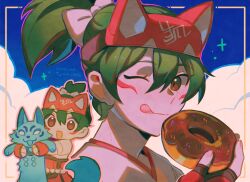  1girl animal bow cloud_background commentary doughnut english_commentary food fox green_hair hair_between_eyes hair_bow headband highres holding holding_animal holding_donut holding_food japanese_clothes kiriko_(overwatch) kitsune leorlontyan miko one_eye_closed open_mouth overwatch ponytail short_ponytail solo white_bow 