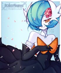  1girl alternate_color artist_name black_dress black_gloves blue_hair bob_cut colored_skin dress elbow_gloves flower gardevoir gloves hair_flower hair_ornament hair_over_one_eye highres jewelry mega_gardevoir mega_pokemon orange_eyes pink_flower pokemon pokemon_(creature) ring shiny_pokemon smile sparkle strapless strapless_dress tanukipupp watermark wedding_ring white_skin 