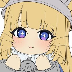  +_+ 1girl absurdres blonde_hair blue_jacket blush grey_hat hands_up hat highres j_humbo jacket kemonomimi_mode looking_at_viewer norma_hollowell open_mouth simple_background smile solo violet_eyes white_background zenless_zone_zero 