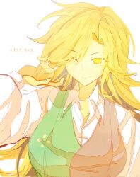  +_+ 1girl ;) blonde_hair breasts bright_pupils collared_shirt colored_skin commentary deltarune flowery_(deltarune) genderswap genderswap_(mtf) green_vest hand_up highres lingxiankong1 long_hair looking_at_viewer multicolored_vest one_eye_closed red_vest shirt smile solo swept_bangs two-tone_vest upper_body utdr_(toby_fox) vest white_background white_pupils white_shirt wing_collar yellow_eyes yellow_skin 