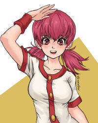  1girl arm_up azurdraws blush breasts commentary_request eyelashes highres lips long_hair looking_at_viewer open_mouth pink_eyes pink_hair pokemon pokemon_heartgold_and_soulsilver shirt short_sleeves simple_background smile solo spanish_commentary teeth twintails twitter_username two-tone_background upper_body upper_teeth_only white_shirt whitney_(pokemon) wristband 