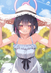  1girl absurdres animal_ears armpits bare_shoulders black_hair blue_archive blue_sky bubble cat_ears cat_girl collarbone colored_inner_animal_ears commentary_request day dress extra_ears field flower flower_field halo hand_on_headwear hat highres kazama_gorou kazusa_(blue_archive) looking_at_viewer multicolored_hair outdoors pink_hair pink_halo sky sleeveless sleeveless_dress smile spaghetti_strap straw_hat sun_hat sundress sunflower sunflower_field two-tone_hair white_dress 