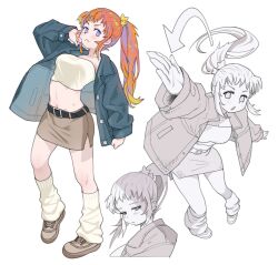  1girl belt blue_eyes blue_jacket breasts brown_skirt closed_mouth crop_top denim denim_skirt frown full_body hair_ornament highres jacket kawamitsu long_hair long_sleeves looking_at_viewer loose_socks midriff miniskirt multicolored_hair multiple_views navel open_clothes open_jacket orange_hair original partially_colored pencil_skirt ponytail shoes simple_background skirt socks standing star_(symbol) star_hair_ornament strapless tube_top violet_eyes white_background 