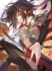  1girl absurdres bandages bare_shoulders black_skirt chest_sarashi drawing_sword from_side hakama hakama_skirt highres holding holding_sheath holding_sword holding_weapon japanese_clothes katana kimono looking_at_viewer ofuda open_clothes orange_eyes puzzle_&amp;_dragons rakulog red_bandage sarashi seina_(p&amp;d) sheath short_hair sidelocks skirt solo sword weapon white_kimono 