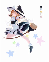  1girl absurdres apron back_bow black_hat black_shoes black_skirt black_vest blonde_hair bow braid broom color_guide commentary_request dongyang_kissoml frilled_skirt frills full_body grin hair_bow hat hat_bow high_heels highres kirisame_marisa leg_up long_hair looking_at_viewer mini-hakkero one_eye_closed shoes side_braid simple_background single_braid skirt smile socks solo star_(symbol) touhou underbust vest waist_apron white_apron white_background white_bow white_socks witch_hat yellow_eyes 